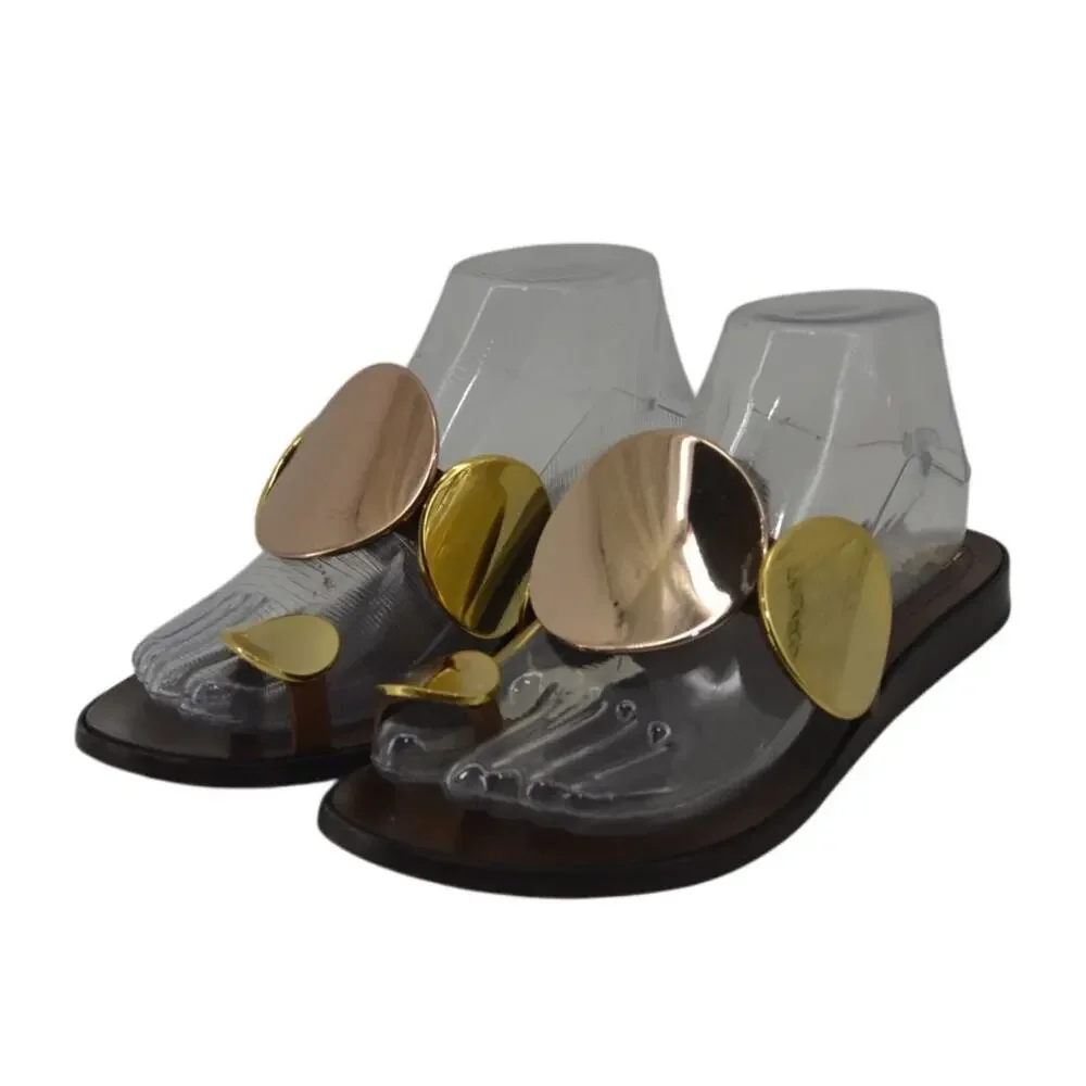 Tory Burch Brown Gold Sandals Circle Plates Size 8 - Picture 1 of 13